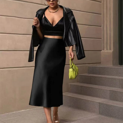 Luxury Elegant Silk Satin Skirt Women'S Solid Color Slim Fit Fishtail Skirts French Elegant High Waisted Pleated Long Skirt