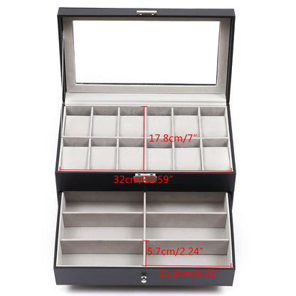 Bymaocar Black 3-Tier Drawer Jewelry Box, 12-Slot Watch Organizer W/ PU Leather & Metal Clasp, Eyeglass & Sunglass Storage Case