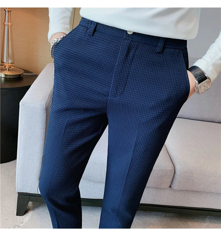 Fashion Business Casual Men's Pants Cropped Pants Waffle Pattern New Trend Spring Summer Casual Trousers Dark Green White 28-38