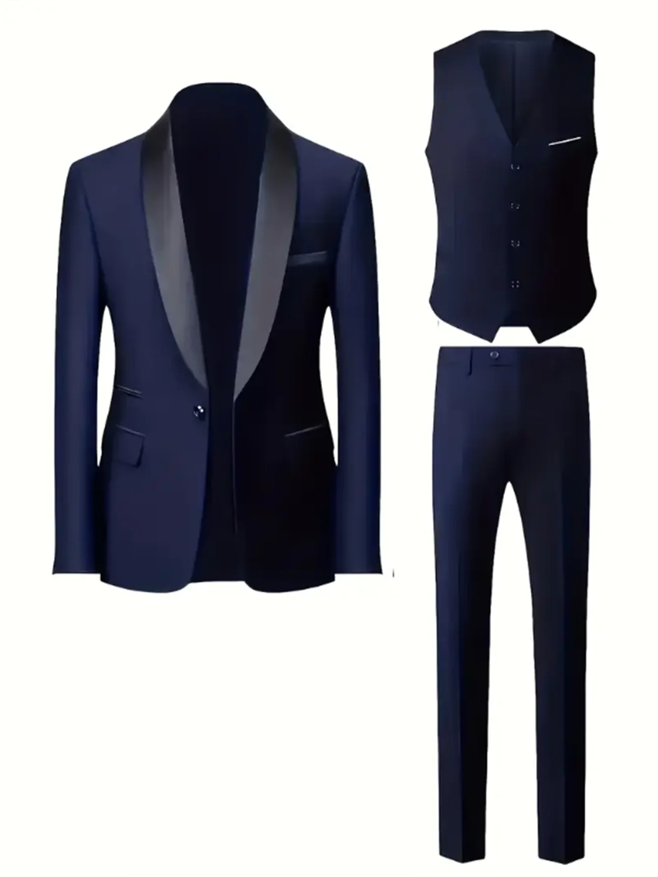 3pcs Men's Party Suit with Lapel Collar, Polyester And Viscose Blend, Skinny Fit, Solid Color, Long Sleeve, Button Front, Pants,
