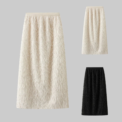 Women's Autumn And Winter Mid Length Skirt Feather Tassel Soft And Comfortable Wrap Hip Solid Color Commuting New Chic Skirt