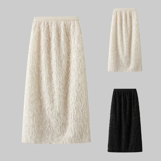 Women's Autumn And Winter Mid Length Skirt Feather Tassel Soft And Comfortable Wrap Hip Solid Color Commuting New Chic Skirt