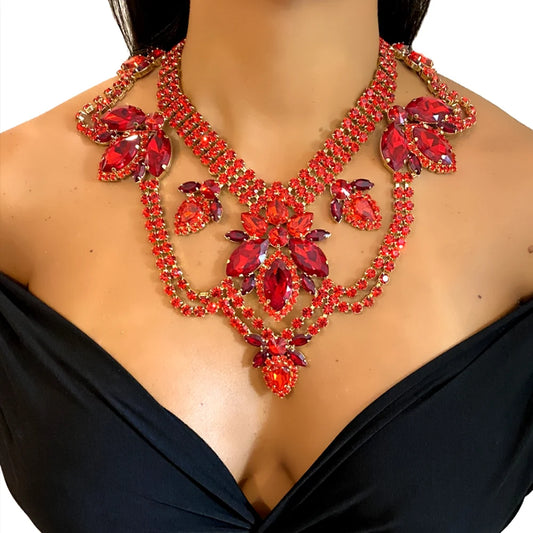 Red Exaggerated Necklace Vintage Elegant for Women Wedding Gem Crystal Choker Bride Accessories Party Gift Decoration Jewelry