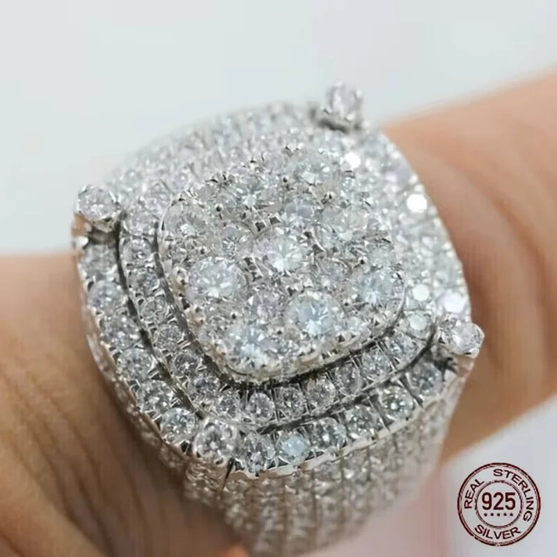 3Ct Men's 925 Sterling Silver Cluster Engagement Ring Luxury Platinum Plated Square Icy Out Hip Hop Rock Rings Jewelry