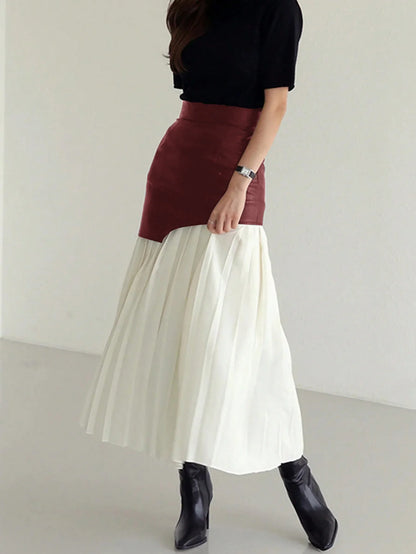 Elegant Dresses for Woman Clothing Contrast Color Pleated Midi Skirt Faux Leather Panel High Waist Edgy Chic for Streetwear