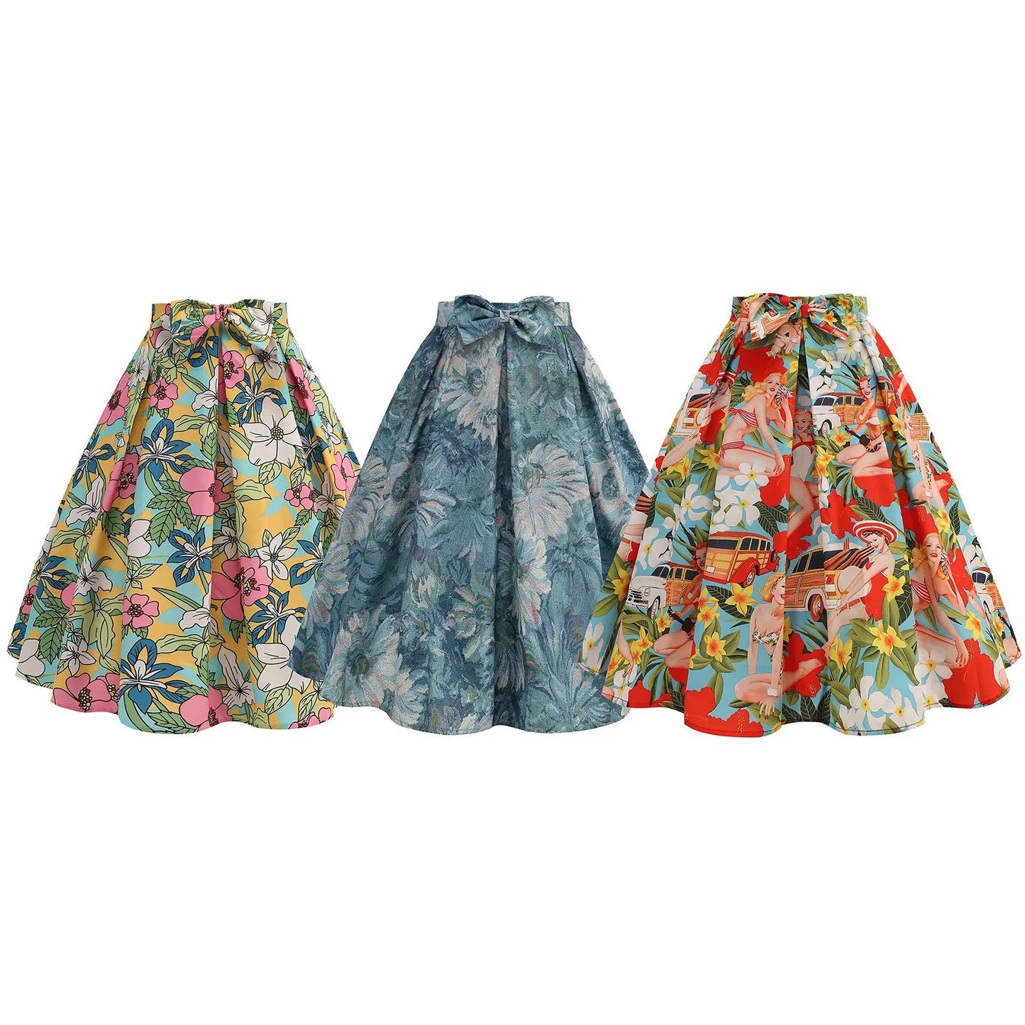 Sweet Skirt for Fashion Girl Vintage Printing High Waist Bow Beach Holiday Slim Fit Eleagnt Versatile Skirt With Ruffle Swing