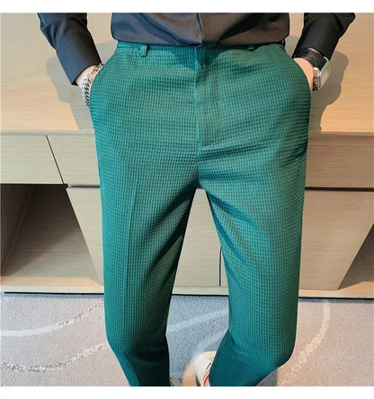 Fashion Business Casual Men's Pants Cropped Pants Waffle Pattern New Trend Spring Summer Casual Trousers Dark Green White 28-38