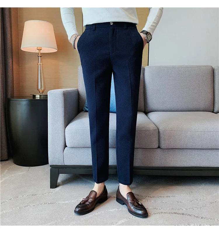 Fashion Business Casual Men's Pants Cropped Pants Waffle Pattern New Trend Spring Summer Casual Trousers Dark Green White 28-38