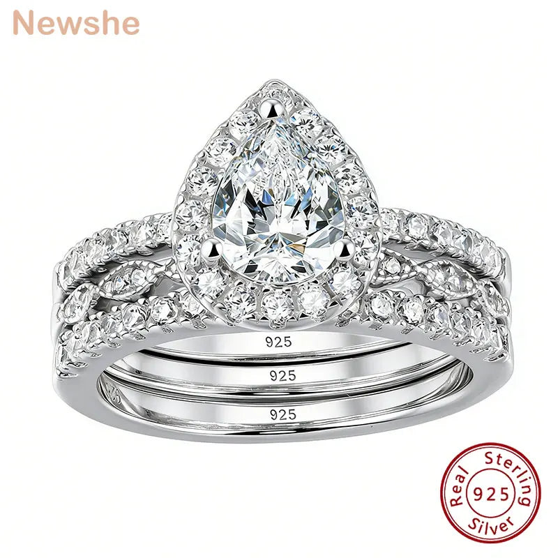 Newshe 3 Pieces 925 Sterling Silver Engagement Ring Set for Women Water Drop AAAAA Zircons Eternity Wedding Bands BR1079