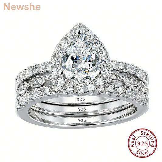 Newshe 3 Pieces 925 Sterling Silver Engagement Ring Set for Women Water Drop AAAAA Zircons Eternity Wedding Bands BR1079