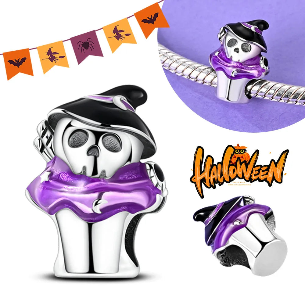 2025 New Halloween Charm Emit Light Bead 925 Sterling Silver Pumpkin Witch Skull Charm Fit Bracelet Pendant Women Jewelry Making