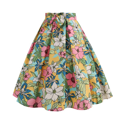 Sweet Skirt for Fashion Girl Vintage Printing High Waist Bow Beach Holiday Slim Fit Eleagnt Versatile Skirt With Ruffle Swing