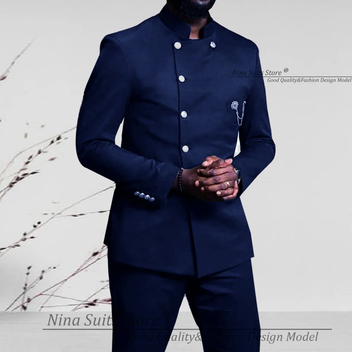 Nina Store 2025 Elegant African Style Men's Suit Stand Collar Royal Blue Blazer and Pants 2 Piece Casual Business Man Wear