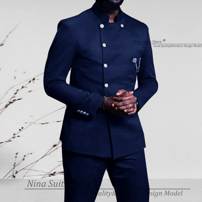 Nina Store 2025 Elegant African Style Men's Suit Stand Collar Royal Blue Blazer and Pants 2 Piece Casual Business Man Wear