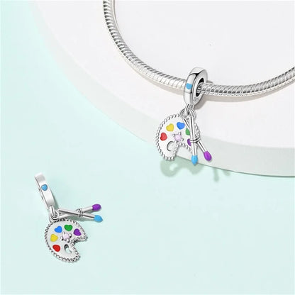 925 Sterling Silver Artist Brush Tools Color Palette Oil Painting Charms Beads Fit Qikaola Original Bracelets DIY Jewelry Gifts