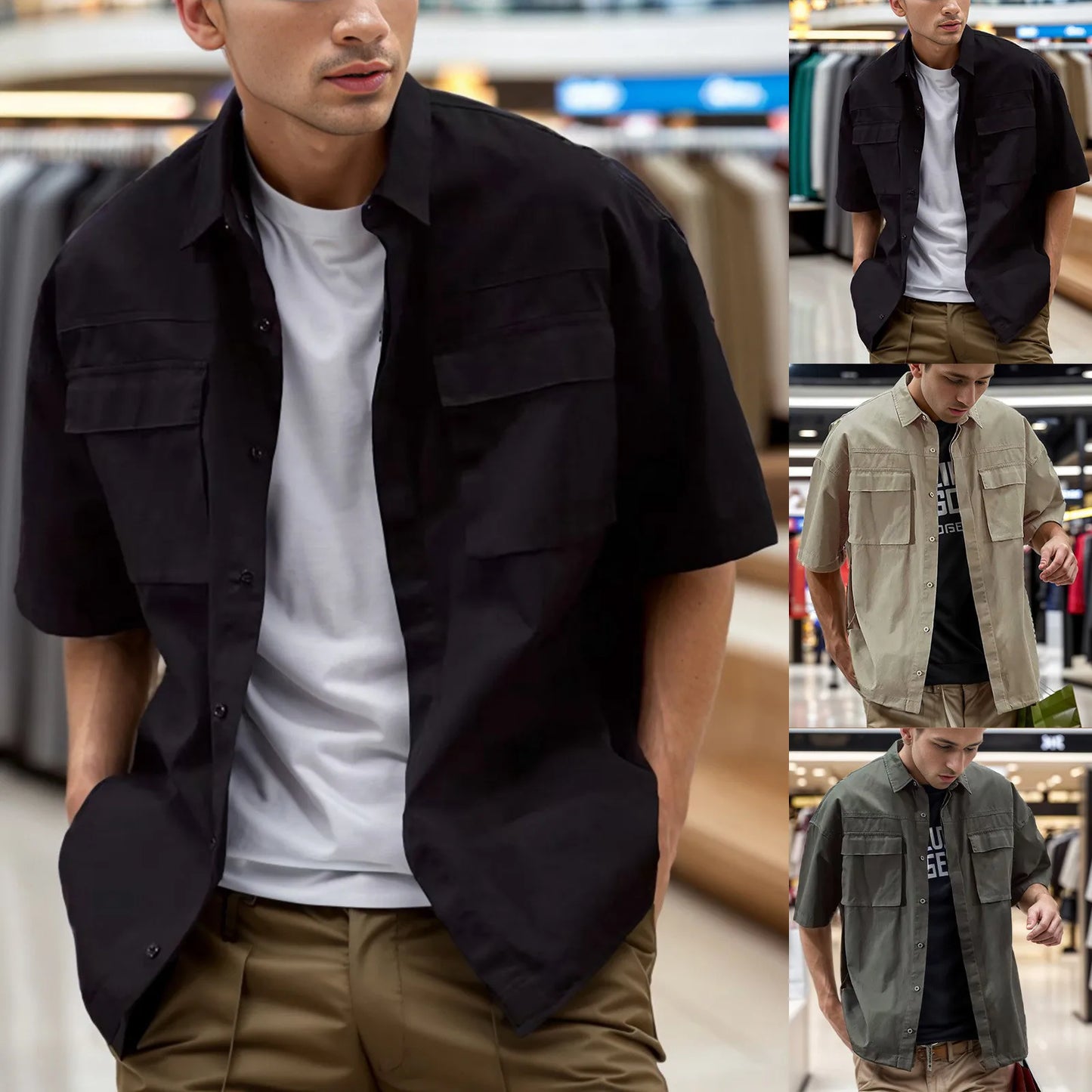 Summer Cargo Blouse Men'S Soild Shirt Pocket Lapel Short-Sleeved Shirts Casual Button Down Blouses For Men Thin Top