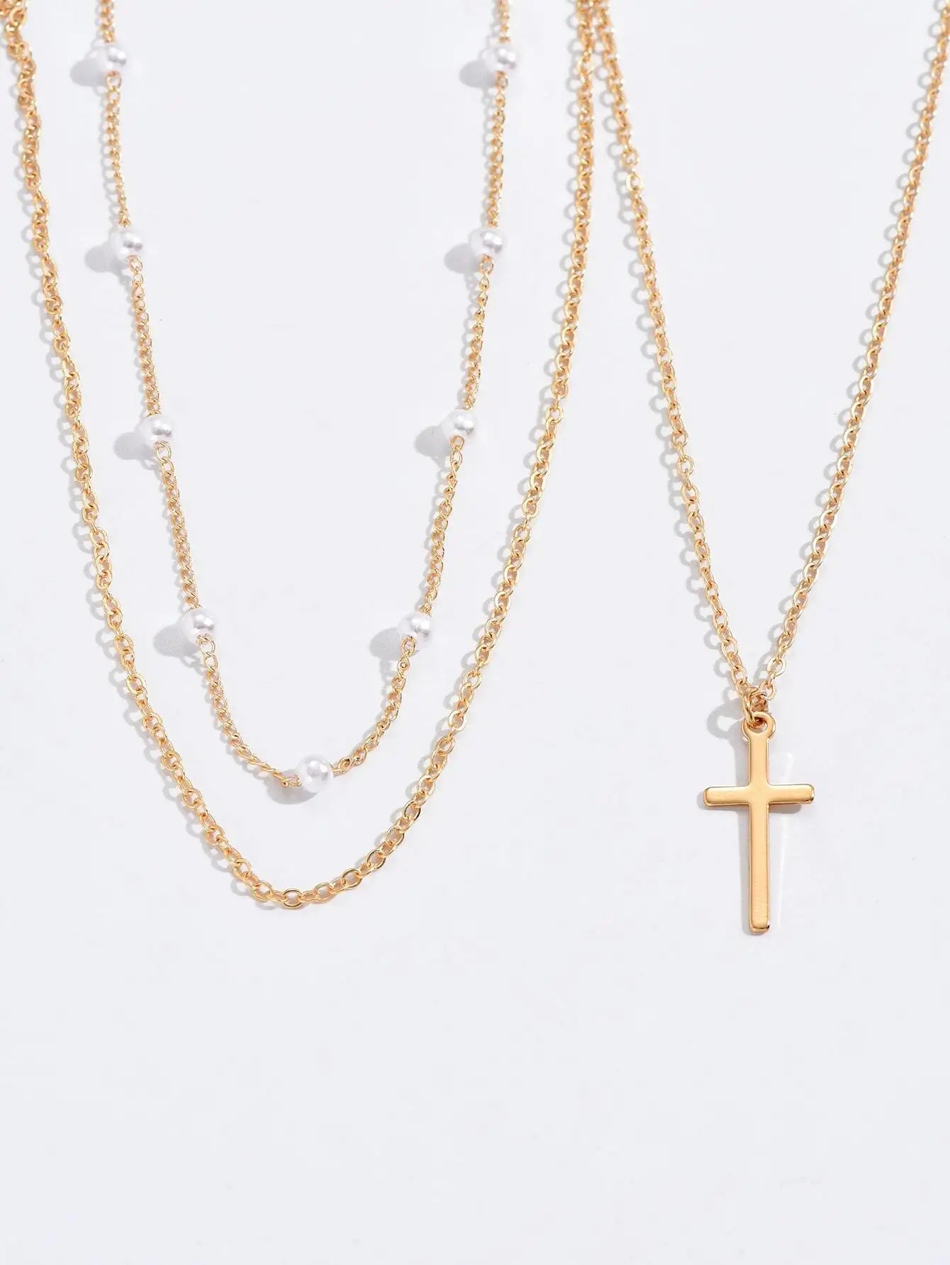 1pcs Women's Faux Pearl & Cross Pendant Necklace (Random Pearl Quantity)