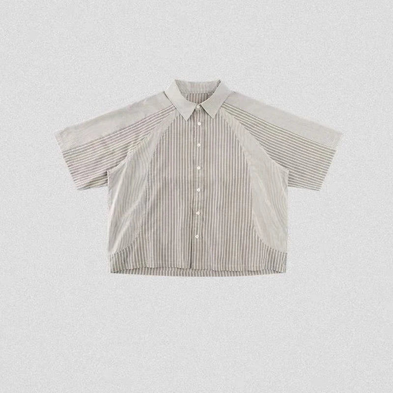 Short sleeved loose contrasting color splicing vertical stripe American casual suit