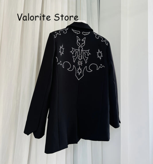 Woman Fashion Black Strass Rhinestone Decoration Long Sleeved Blazer Single Breasted Two Buttons High Quality Suit Tops 2025FW