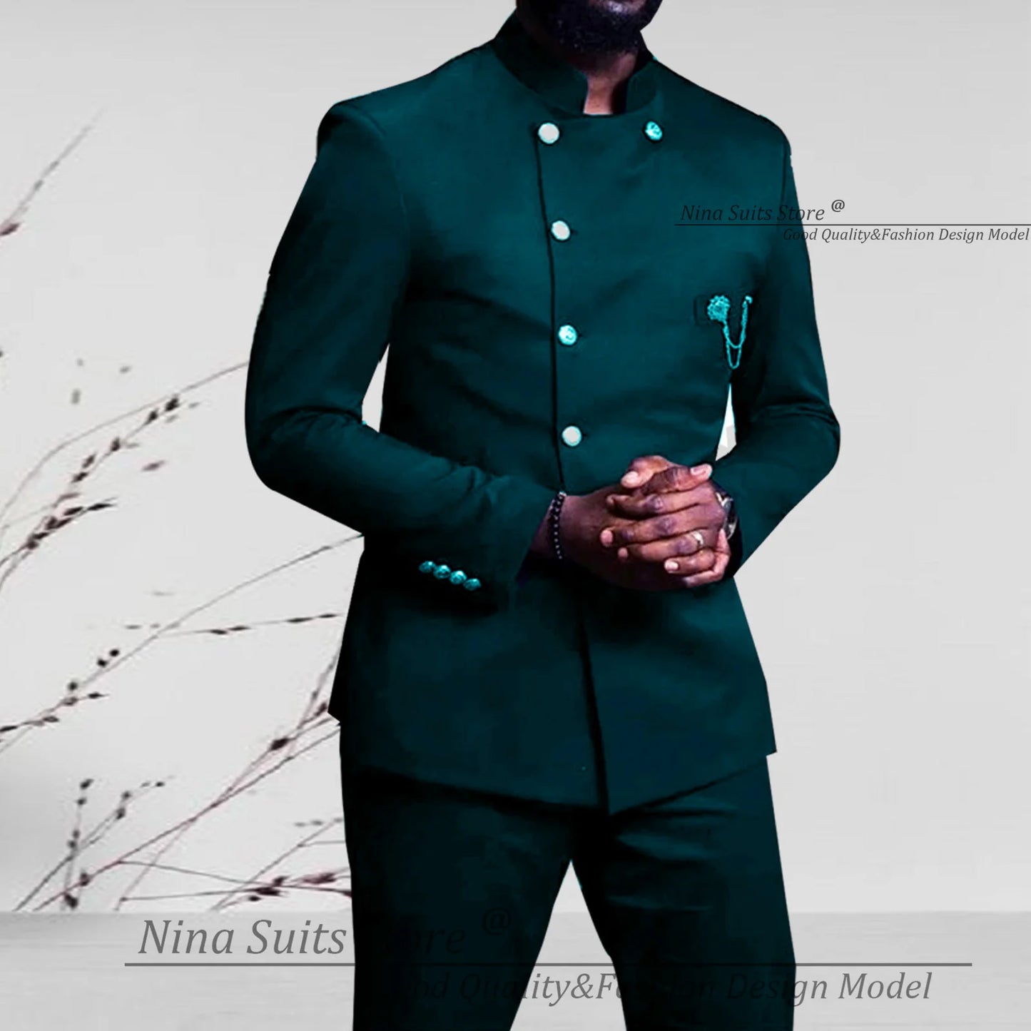 Nina Store 2025 Elegant African Style Men's Suit Stand Collar Royal Blue Blazer and Pants 2 Piece Casual Business Man Wear