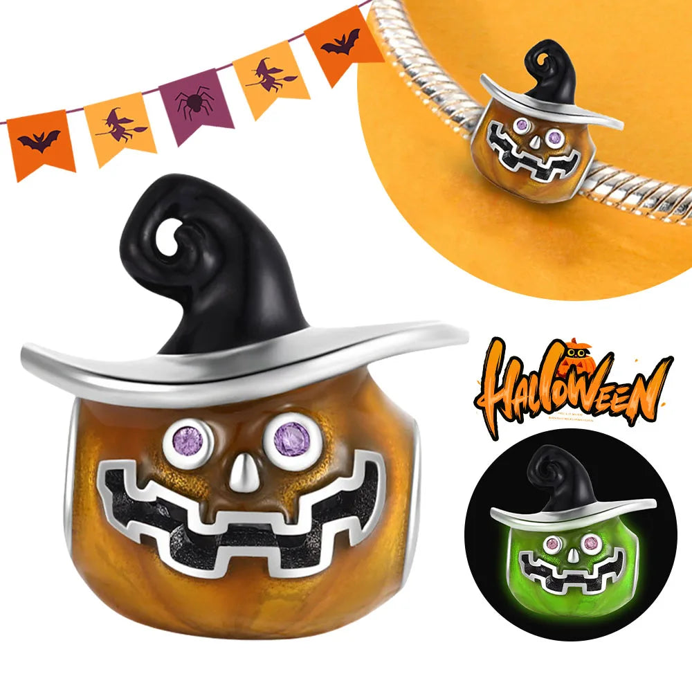 2025 New Halloween Charm Emit Light Bead 925 Sterling Silver Pumpkin Witch Skull Charm Fit Bracelet Pendant Women Jewelry Making