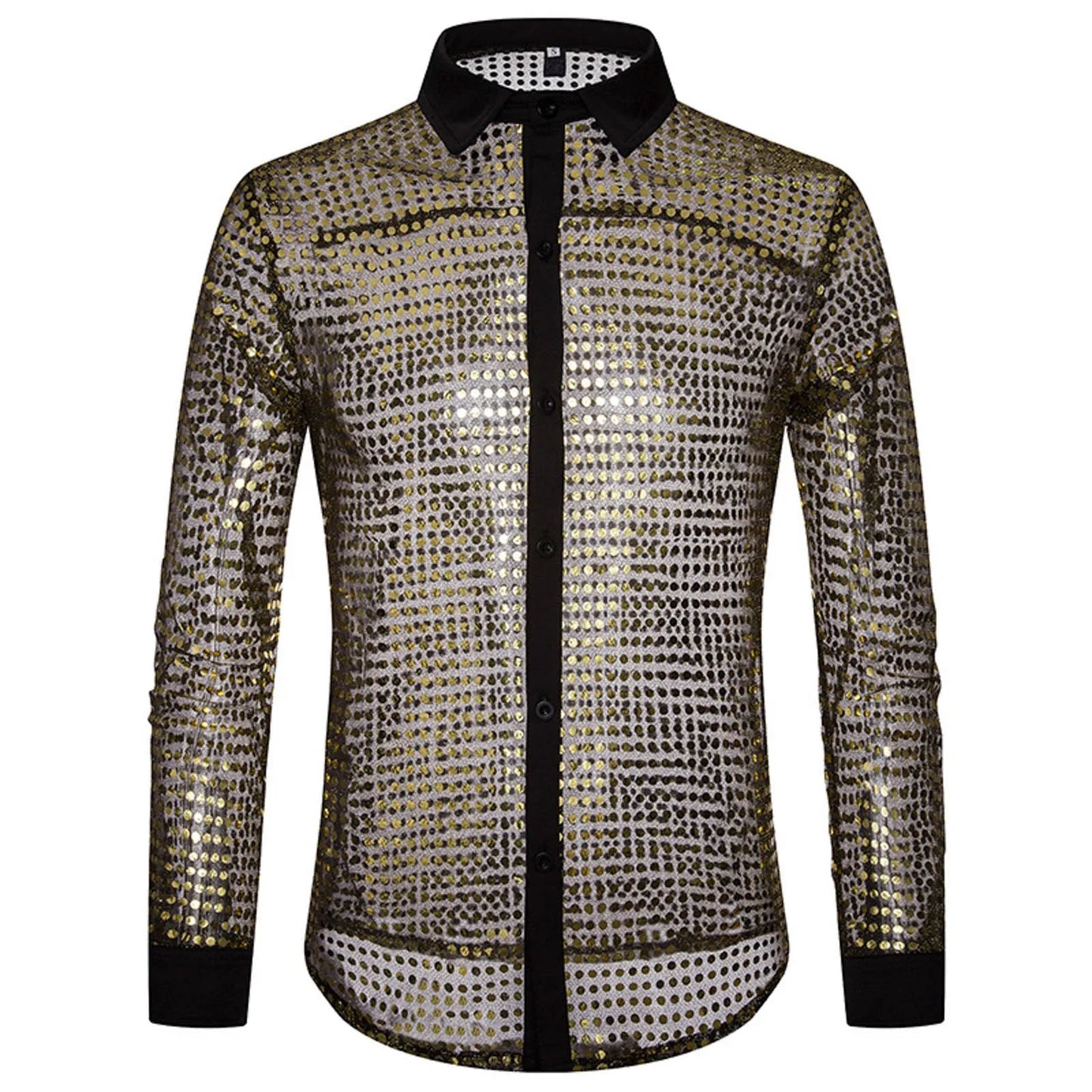 Glitter Sequin Shirt Men's Long Sleeved Performance Wear 70s Disco Lapel Neck Slimming Sparkle Compression Shirts With Button