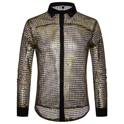 Glitter Sequin Shirt Men's Long Sleeved Performance Wear 70s Disco Lapel Neck Slimming Sparkle Compression Shirts With Button