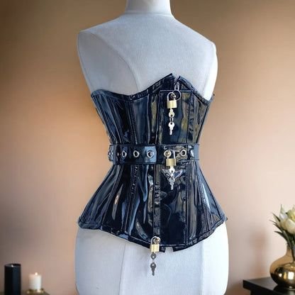 Women Heavy Corset Hand Made Bustier With Locks AndKeys Lace Up Steel Boned Shaping Tops BlacK Patent Leather Gothic Bodices