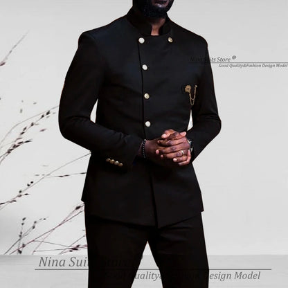 Nina Store 2025 Elegant African Style Men's Suit Stand Collar Royal Blue Blazer and Pants 2 Piece Casual Business Man Wear