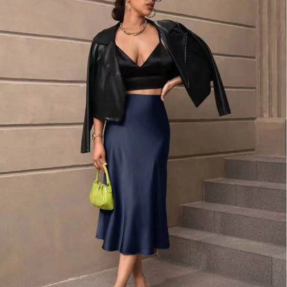 Luxury Elegant Silk Satin Skirt Women'S Solid Color Slim Fit Fishtail Skirts French Elegant High Waisted Pleated Long Skirt