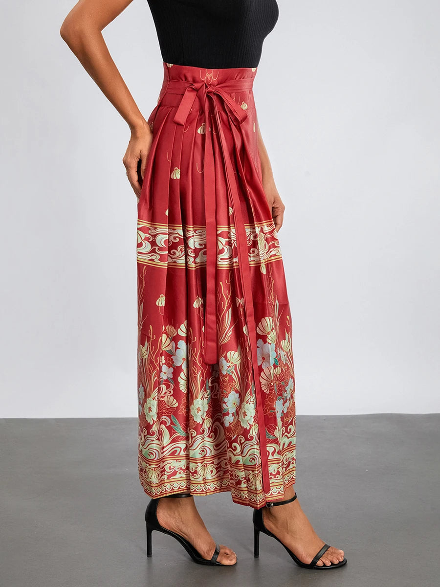 Women s Horse Face Skirt Elegant Phoenix Character Flower Print Pleated Tie Up A-Line Long Swing Skirt National Clothing