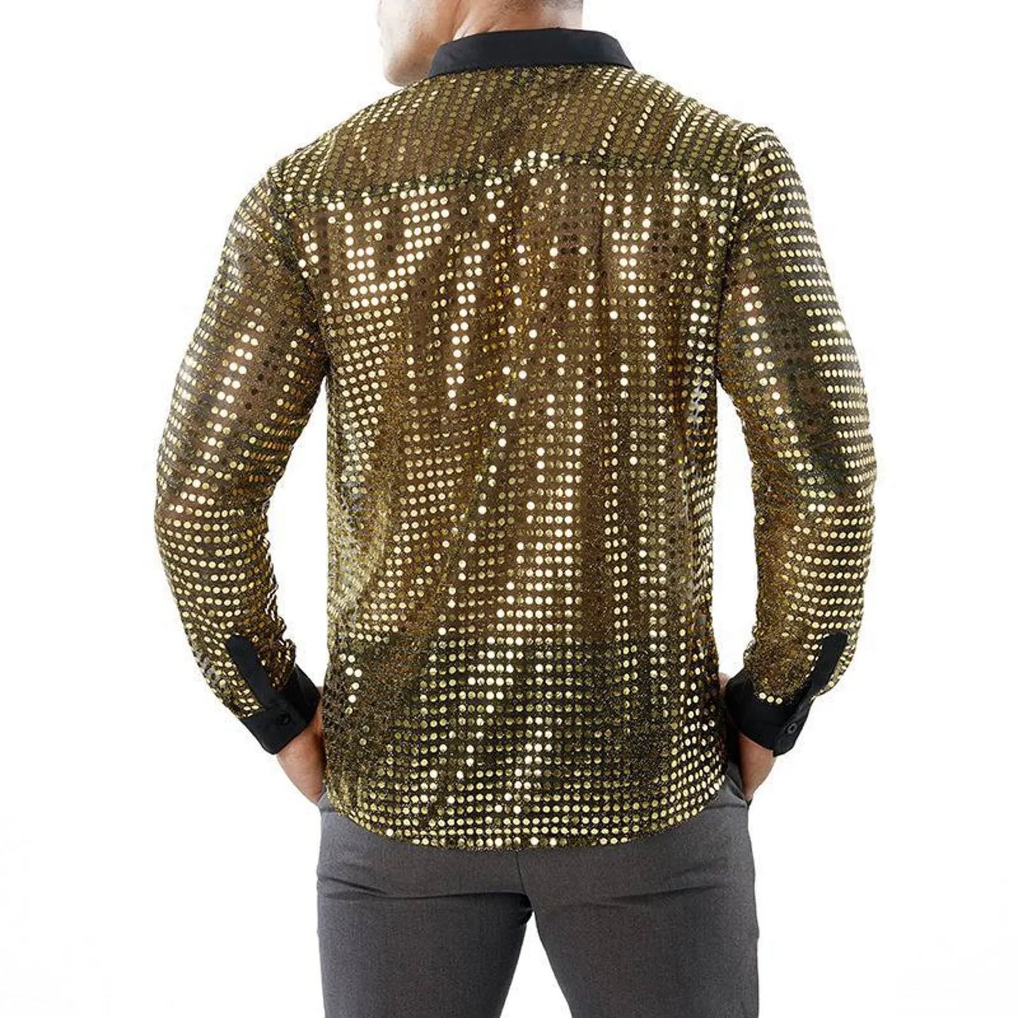 Glitter Sequin Shirt Men's Long Sleeved Performance Wear 70s Disco Lapel Neck Slimming Sparkle Compression Shirts With Button