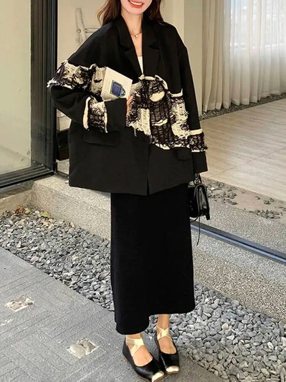 EAM Women Black Knit Spliced Big Size Irregular Blazer New Lapel Long Sleeve Jacket Fashion Tide Spring Autumn 2026 30A2521