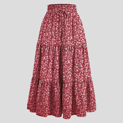 Women's Boho Floral Print Skirt Vintage High Waist Maxi Skirts Summer Casual Loose Beach Skirt Elegant Ladies Flowy Ruffle Skirt