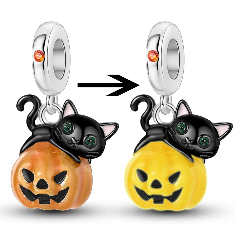 2025 New Halloween Charm Emit Light Bead 925 Sterling Silver Pumpkin Witch Skull Charm Fit Bracelet Pendant Women Jewelry Making