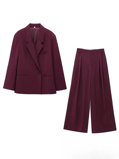 KONDALA Vintage Chic Office Lady Red Solid Women Suit Notched Single Button Pockets Blazer Straight Loose Pants Fashion 2025 Set