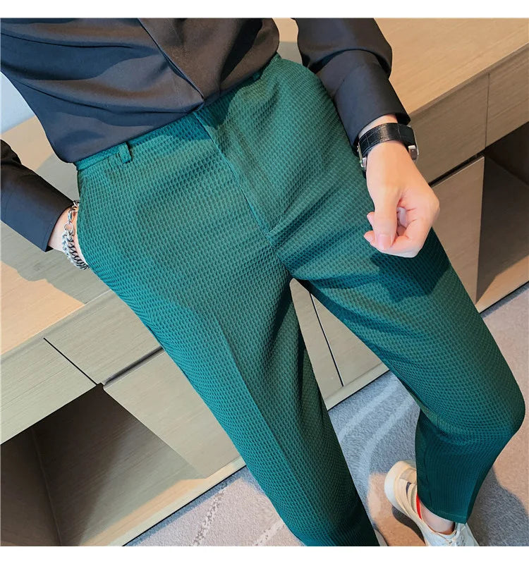 Fashion Business Casual Men's Pants Cropped Pants Waffle Pattern New Trend Spring Summer Casual Trousers Dark Green White 28-38