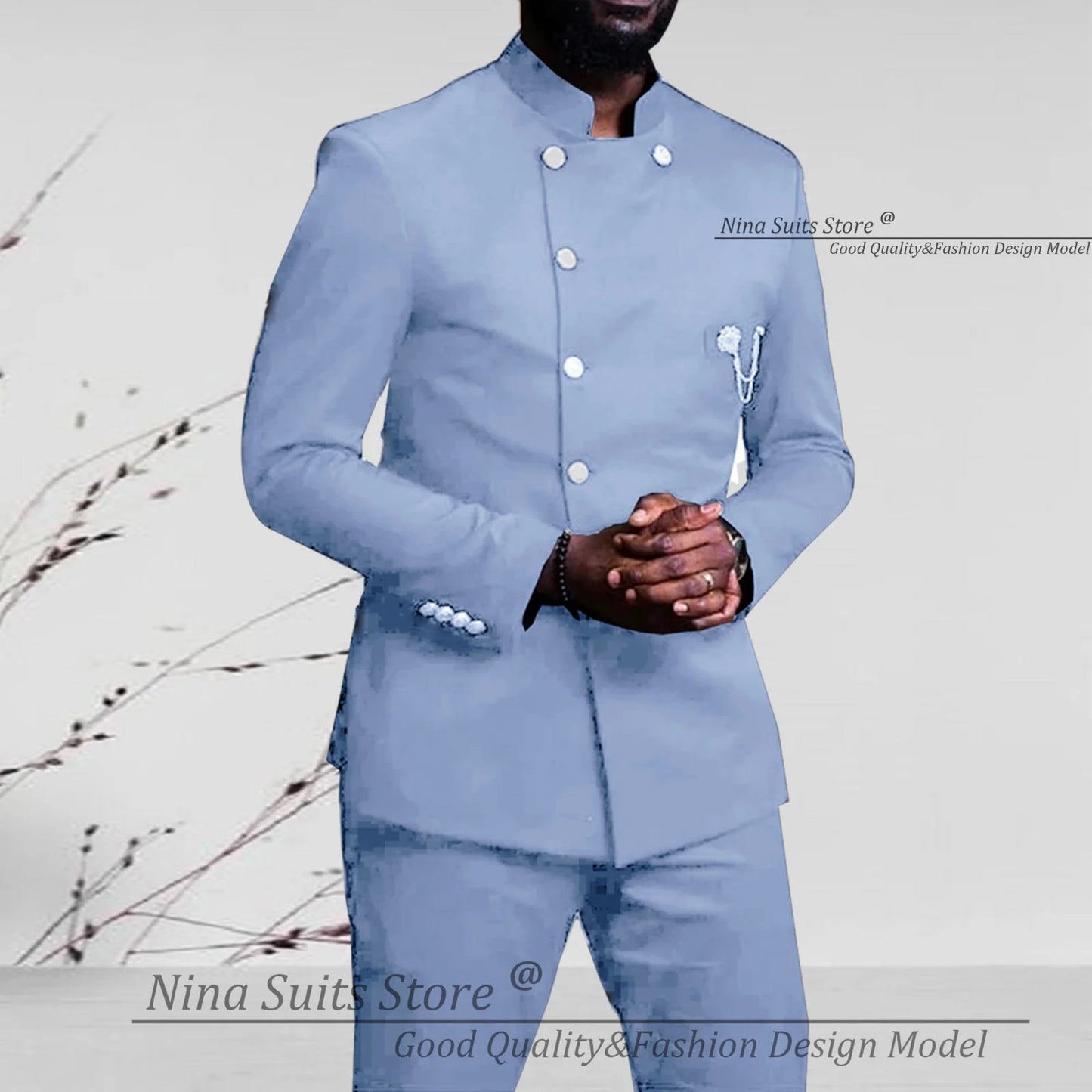 Nina Store 2025 Elegant African Style Men's Suit Stand Collar Royal Blue Blazer and Pants 2 Piece Casual Business Man Wear
