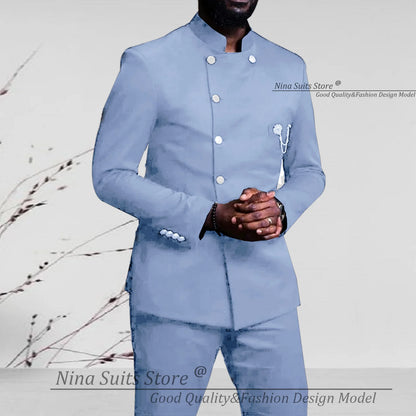 Nina Store 2025 Elegant African Style Men's Suit Stand Collar Royal Blue Blazer and Pants 2 Piece Casual Business Man Wear