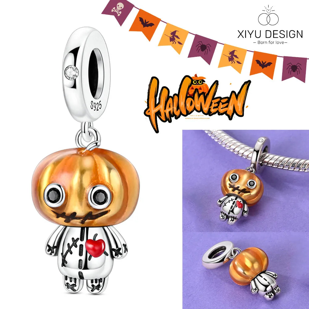 2025 New Halloween Charm Emit Light Bead 925 Sterling Silver Pumpkin Witch Skull Charm Fit Bracelet Pendant Women Jewelry Making