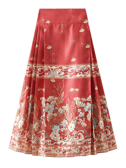 Women s Horse Face Skirt Elegant Phoenix Character Flower Print Pleated Tie Up A-Line Long Swing Skirt National Clothing