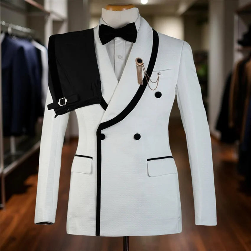 Plaid Formal Wedding Suits for Men Double Breasted Groom Tuxedo 2 Pieces Slim Fit Set Shawl Lapel Suit Jacket with Pants