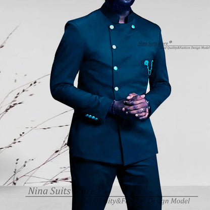 Nina Store 2025 Elegant African Style Men's Suit Stand Collar Royal Blue Blazer and Pants 2 Piece Casual Business Man Wear