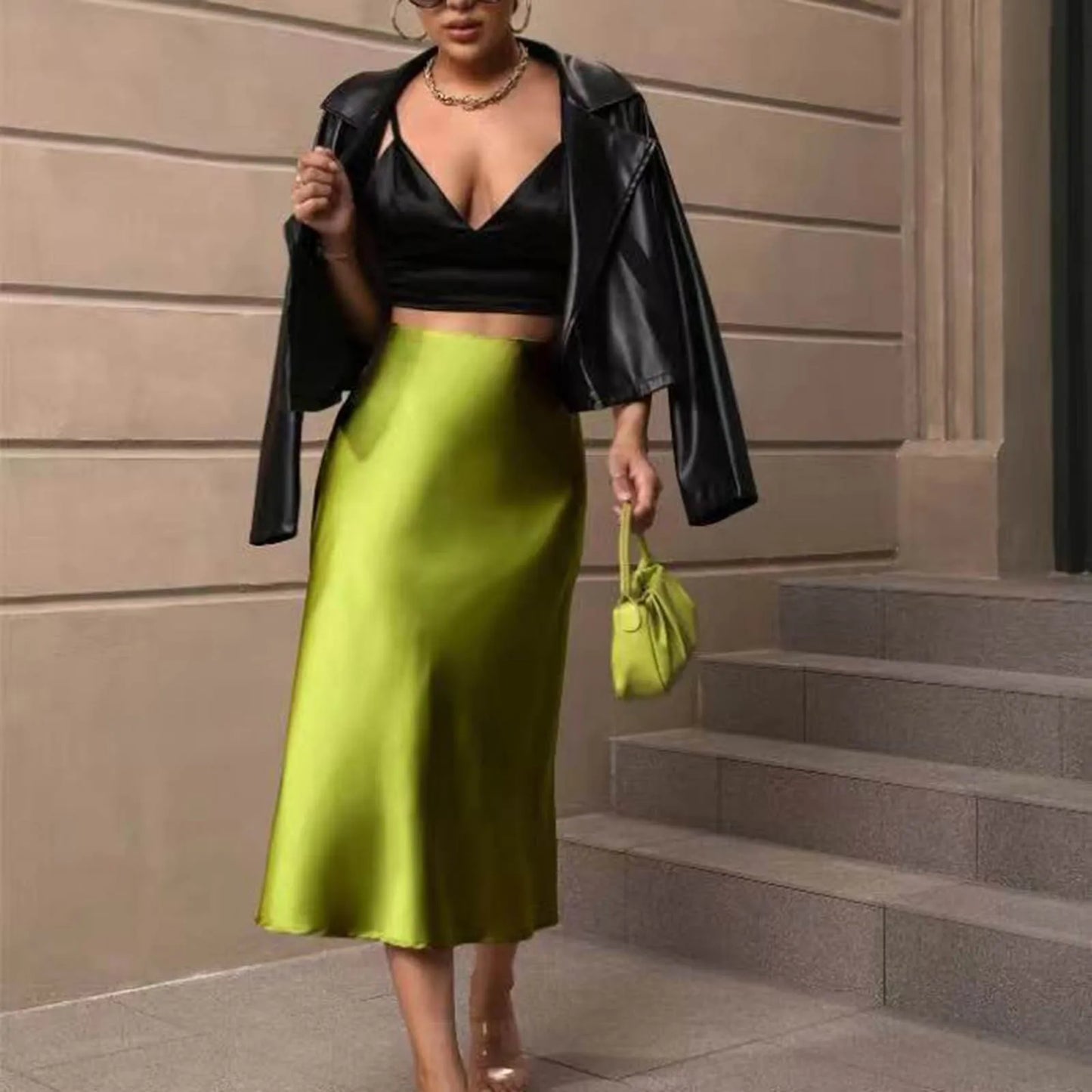 Luxury Elegant Silk Satin Skirt Women'S Solid Color Slim Fit Fishtail Skirts French Elegant High Waisted Pleated Long Skirt