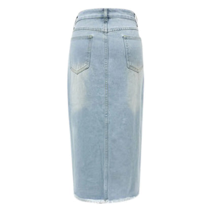 Women Mid Length Jean Skirt With Pockets High Waist Front Split Bodycon Striaght Skirts Women's Washed Light Color Jean Skirt