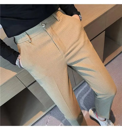 Fashion Business Casual Men's Pants Cropped Pants Waffle Pattern New Trend Spring Summer Casual Trousers Dark Green White 28-38