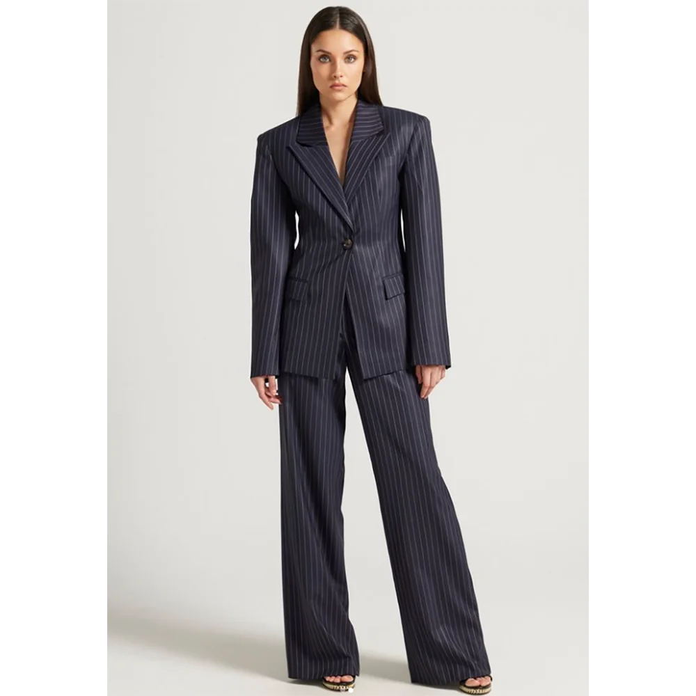 Tibetan Blue Stripe Single Button Women Pants Set High-end Female Two Pieces(Jacket+Trousers)أطقم بناطيل