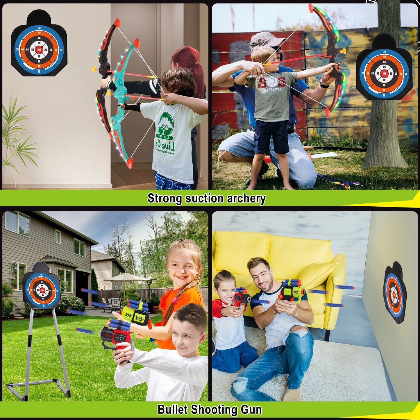 2 Bow and Arrow Sets with LED Light-up, 2 Foam Dart Guns for Kids 5 6 7 8 9 10+, Archery Set with Standing Target for Boys Girls