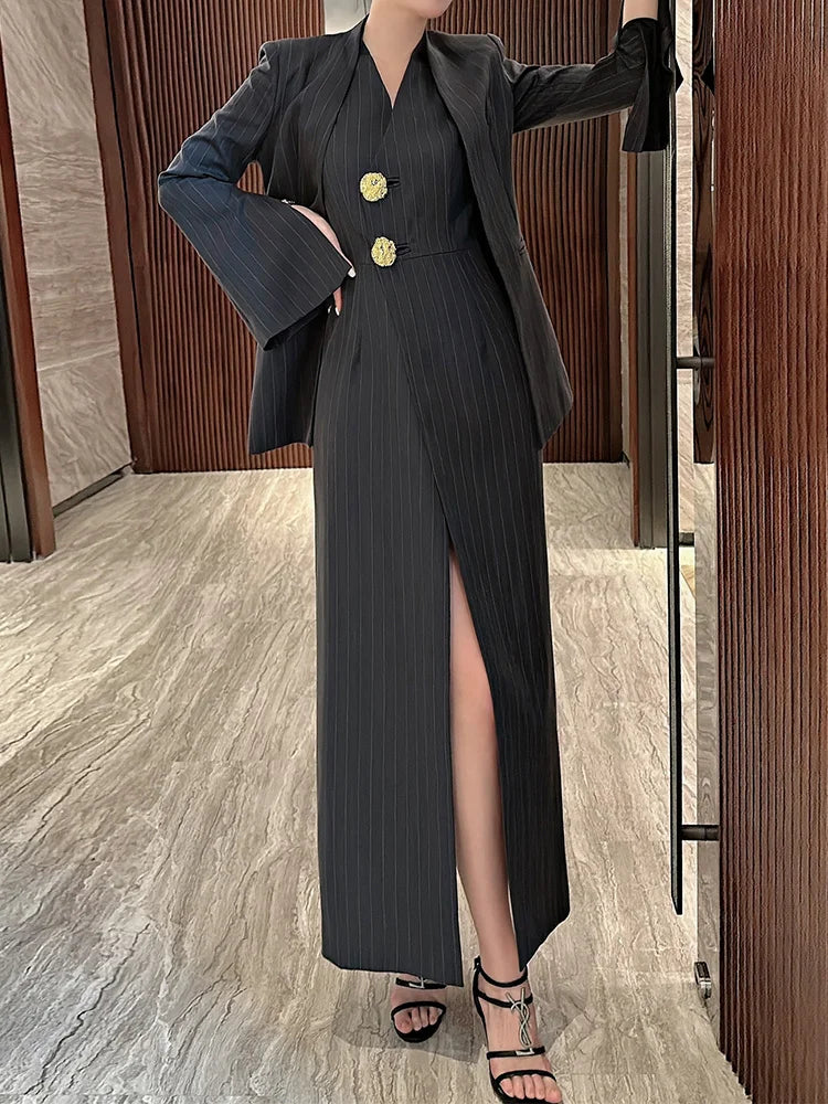 BZVW Women's 2 Pieces Sets Fashion Striped Suit Jacket V-neck Sleeveless Single Breasted Slit Dress Autumn 2025 New 5R5493
