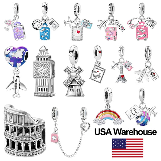 925 Sterling Silver Pink Luggage Rainbow Life Travel Charms Bead Diy Bracelet Bangle Making Gift Of High Quality Fine Jewelry